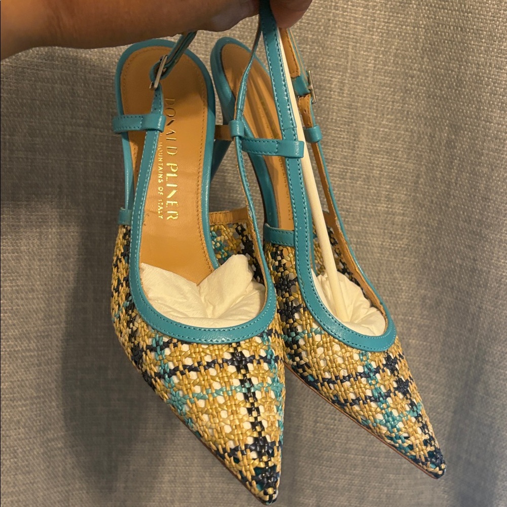 Donald J. Pliner Blue and Tan Woven Heels